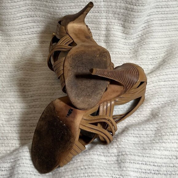 Tory Burch Liv Cage Gladiator Shoes Brown Leather Zipper Heels Open‎ Toe Size 8 - Picture 7 of 10